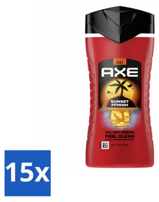 Obrázok produktu pre 15 kusov gélu na sprchovanie Axe 3 v 1, vôňa Sunset Fresh (mango a mandarinka) – 250 ml – výhodný balík