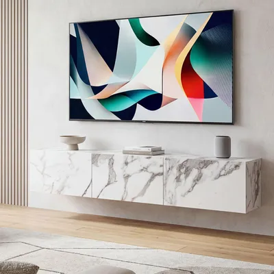 Zdjęcie produktu dla FineBuy Niska szafka wisząca w stylu marmuru, biała, 160x30x30 cm – szafka pod telewizor, stolik pod telewizor z uchylnymi drzwiami, nowoczesna szafka pod telewizor, szafka ścienna pod telewizor