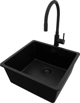 Produktbild von PRIMAGRAN Granitspüle Alles Schwarz 46x44cm, Spülbecken 1 Becken + Küchenarmatur 40x38cm + Ablauf-Set, Küchenspüle ab 50er Unterschrank - Venedig Slim Easy