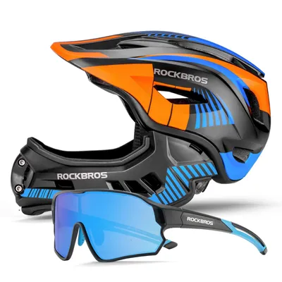 Produktbild von ROCKBROS Kinder Fahrradbrille polarisiert UV400 Schwarz mit Fullface Kinder Fahrradhelm Orange Schwarz 48-52 cm