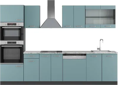 Produktbild von Küchenzeile Vicco R-Line Blau-Grau 300 cm mit Hochschrank, AP Marmor, Model 43271