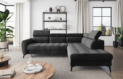 Produktbild von Easy4You Ecksofa BJORN Velvet L-Form Graphite – 260x101x215 cm - Schlafsofa mit Bettkasten und Schlaffunktion - Eckcouch mit Stauraum - Verstellbare Kopfstützen – Rechts – Stoff Monolith 92
