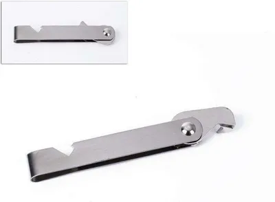 A metal bottle opener and can opener tool is shown against a white background.