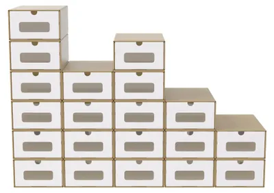 Image de Boîtes de rangement pour chaussures - Cartons pliables pour chaussures - Lot de 20 - Marron - Fenêtre transparente - Empilables - En carton