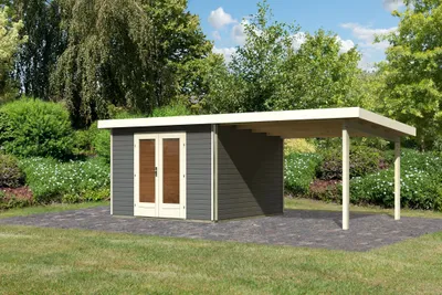Produktbild von Karibu Gartenhaus Gerätehaus Radeburg 1 im Set 3,3 m Anbaudach terragrau 604x309x229,5 cm