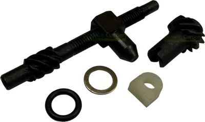 A set of chainsaw tensioning parts laid out on a white background.