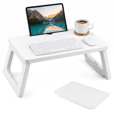 Zdjęcie produktu dla Stolik na laptopa, składany stolik nocny, 70x39,5x27,5 cm, stolik do łóżka z przegródką na tablet, stolik śniadaniowy do 20 kg, idealny do kanapy, łóżka i sofy, kolor biały