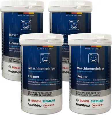 Four containers of washing machine cleaner are arranged in a group against a white background.