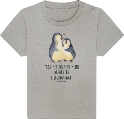 Produktbild von Mr. & Mrs. Panda Babyshirt Pinguin umarmen 12. - 18. Monat - Heather Grey - Geschenk, Liebe, Baby Oberteil, Kurzarmshirt,  T-Shirt, Hochzeitstag, Kinder Top