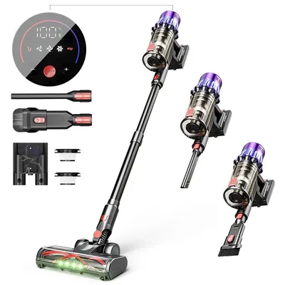 A collage of a cordless vacuum cleaner and its accessories, including a digital display, different attachments, and a wall mount.