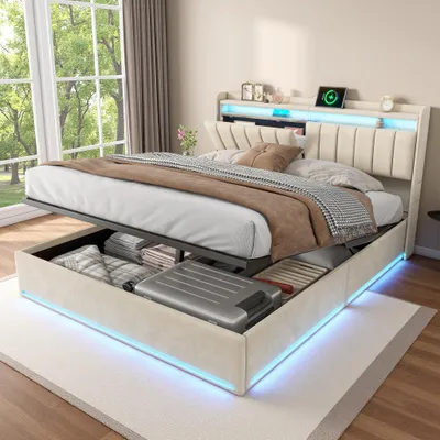 Obrázok produktu pre INONEFT, čalúnená posteľ 160x200, moderná dvojlôžková posteľ s LED osvetlením a USB portami, hydraulická posteľ s úložným priestorom a latkovým roštom, zamatová, béžová farba, bez matraca