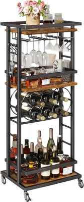 Imagen del producto de Estante para vinos con 4 niveles y ruedas - Carro de bar independiente - Color marrón