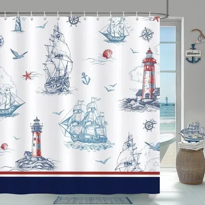 Productafbeelding van Unyqoos® Douchegordijn met maritiem motief (zeilboten, vuurtorens, ankers), 180 x 180 cm, 100% polyester, waterafstotend en schimmelwerend, inclusief 12 haken