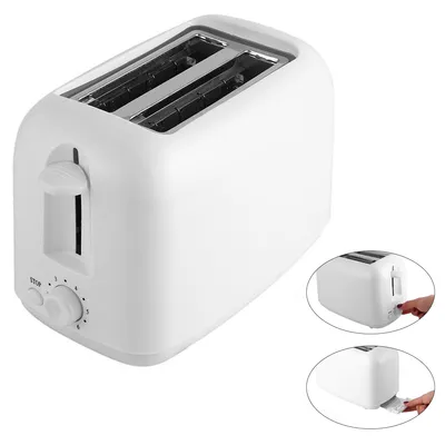 A white toaster is shown against a white background. Inset images show a hand operating the toaster.