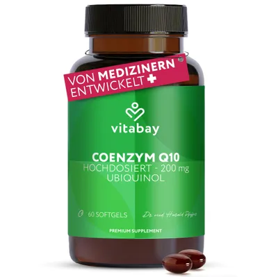 Produktbild von Vitabay Coenzym Q10 Ubiquinol 200 mg – 60 Kapseln – hochdosiert – aktive Form aus pflanzlicher Fermentation – 1 Monat Vorrat