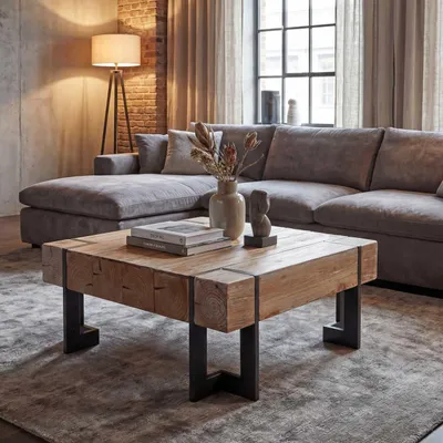 A living room scene featuring a sectional sofa and a wooden coffee table.