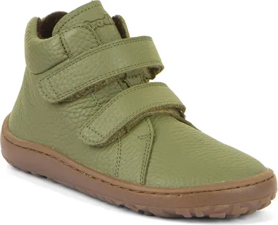 A single green high-top shoe with brown soles and two velcro straps.