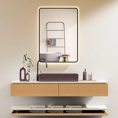 Immagine prodotto di HOKO specchio da bagno antiappannamento LED 50x70cm con cornice HIGH+QUER montaggio interruttore a sfioramento+cambio di luce bianco caldo-bianco freddo-neutro interruttore a parete commutabile