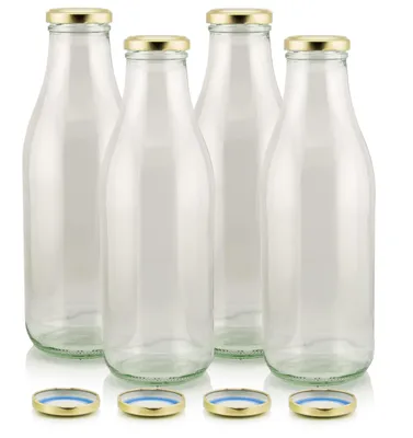 Milch Glasflaschen transparent im Set mit 4 Flaschen Ersatzdeckel gold für Sojamilch