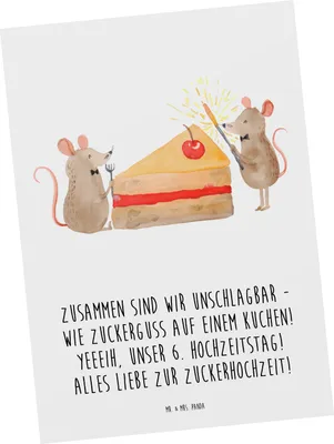 Produktbild von Mr. & Mrs. Panda Postkarte 6. Hochzeitstag Zuckerhochzeit - Weiß - Geschenk, Spruch, Fotokarte, Ansichtskarte, Heirat, Eheleben, Heiraten, Geschenke, Grußkarte