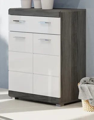 Produktbild von Bad Kommode "Shawn" weiß Hochglanz und Rauchsilber grau Badschrank 74 x 88 cm