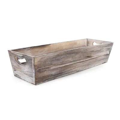 A wooden crate with handles on a white background.