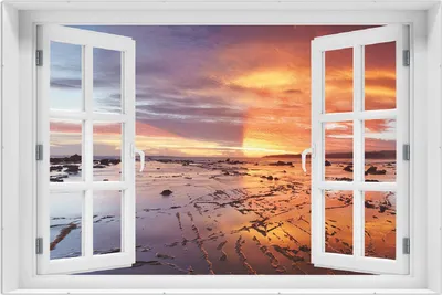 Produktbild von Wallario Wandbild mit Fenster-Illusion: Wattwanderung am Meer bei Sonnenuntergang, Größe: 61 x 91,5 cm, Poster mit rahmenlosen Bildhalter