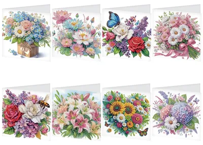 Produktbild von Set von 8 Diamond Painting Grußkarten - Blumenstrauß und Dankeskarten