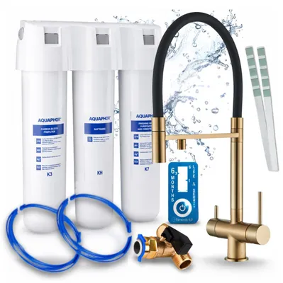 Image de Robinet de cuisine Ari 3 voies, modèle Highflex, en laiton, avec douchette extractible. Livré avec le système de filtration d'eau Aquaphor Kristall H