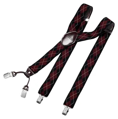 Produktbild von DonDon Herren Hosenträger 3,5 cm breit 4 Clips mit braunem Leder in Y-Form elastisch und längenverstellbar - kariert schwarz grau