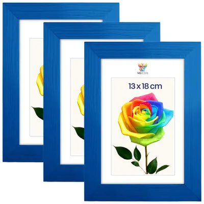 Produktbild von MG Design 3er Set Bilderrahmen 13 x 18 cm - Fotorahmen mit Blau Echtholzrahmen und bruchsicherem Acrylglas, Hoch & Quer zum Aufhängen, zum Aufstellen