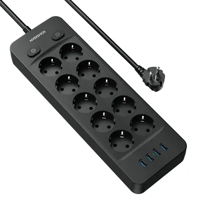 Productafbeelding van Stekkerdoos met 10 stopcontacten en 4 USB-poorten, 2 m, zwart