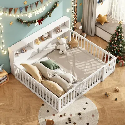Produktbild von okwish Schlafsofa Daybett 140x200cm mit Lattenrost, Tagesbett Kinderbett Bodenbett mit Staufach, Jugendbett aus Holz mit Brüstung(Ohne Matratze)- Weiß