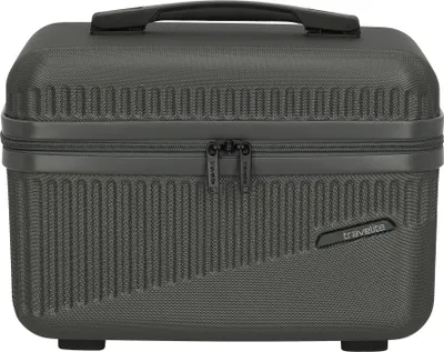 A studio shot of a dark gray beauty case.