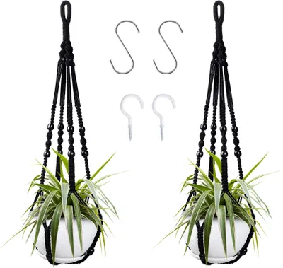Produktbild von 2er Set Makramee Blumenampel Baumwollseil Hängeampel Blumentopf Pflanzenhalter für Innen Außen Decken mit 4 Haken, Schwarz