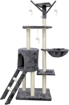 Image de Arbre à Chat JIPSY, Gris, 79 x 34 x 138 cm, 3 Plateformes, 1 Niche, 1 Perchoir, Poteaux à Griffer