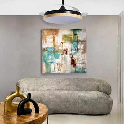 Image de Ventilateur de plafond, noir et en bois, avec pales rétractables, 3 couleurs de lumière et télécommande, diamètre 106 cm, hauteur 36-53 cm