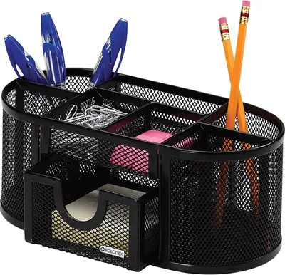 Produktbild von Mesh Stifteorganizer mit 4 Fächern, Stahl Schreibtischorganizer 22 x 11 x 10.5 cm, Schwarz, Büroaufbewahrung
