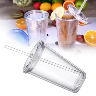 Produktbild von Kunststoff Reisebecher mit Doppelschichtstrohhalm für Smoothies und Kaffee