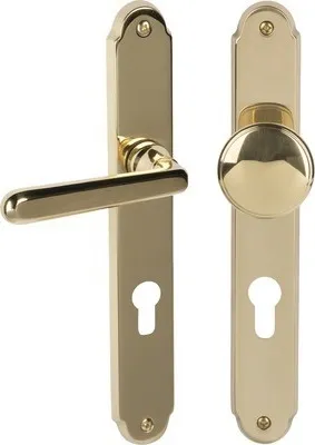Produktbild von Langschildgarnitur Wien messing/poliert PZ mit Knopf + Drücker für Wohnungseingangstür rechts