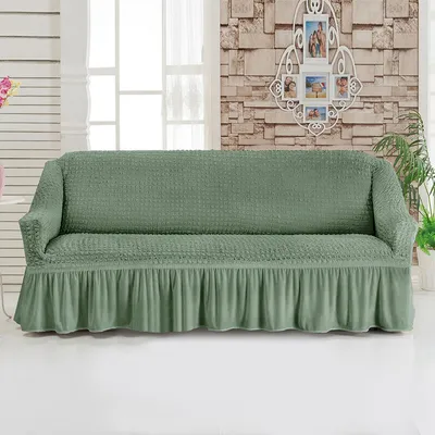 Image de Tissu Seersucker Housse de canapé avec jupe, protection de meuble, style campagnard pour 3 places, vert