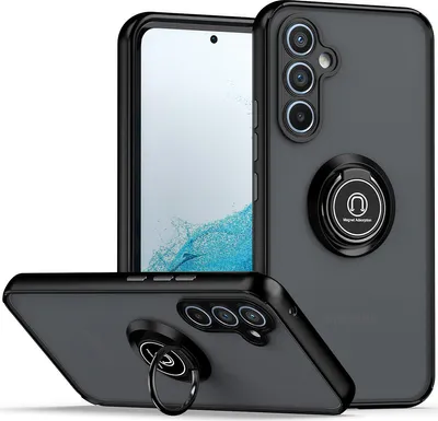 A black phone case with a ring holder is shown from multiple angles against a white background.