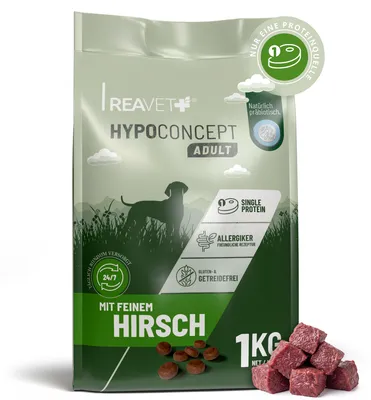 Produktbild von REAVET HYPOCONCEPT Hundetrockenfutter Hirsch – Single-Protein Rezeptur 1kg I Getreidefrei & ohne Zucker Trockenfutter für alle Hunde & Rassen, auch für Sensible Hunde & Allergikerfreundlich