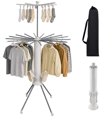 Produktbild von Relaxdays Wäscheständer, klappbar, mit Tasche, H x D: 180 x 112 cm, Wäschespinne, Edelstahl & Kunststoff, weiß/grau