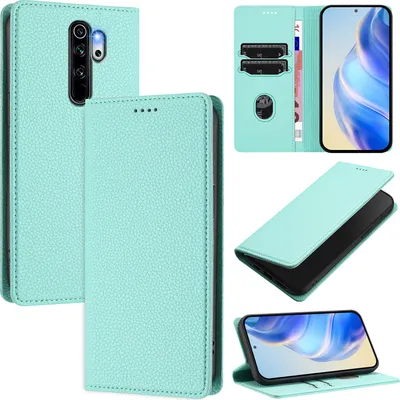 Produktbild von Litchi Leder Handyhülle für Xiaomi Redmi Note 8 Pro Wallet Kartenfächer Standfunktion Hülle Türkis