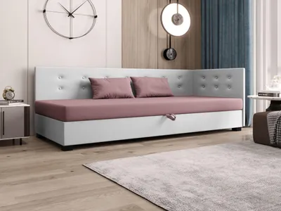 Obrázok produktu pre AURA SOFA Boxspring posteľ OLAF PLUS 120x195 Kompletná sada s matracom Bonell, čalúnená posteľ s úložným priestorom – ružová/biela, SAWANA 61/BIELA