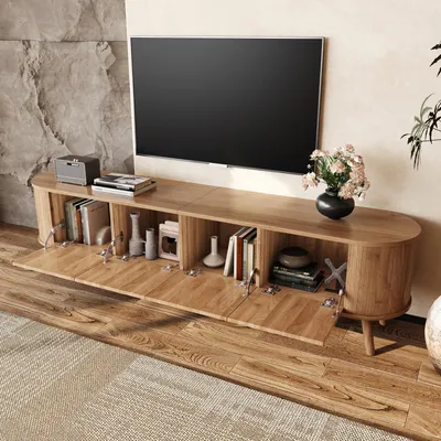 Obrázek produktu pro MODFU TV skříň s zlatými úchyty a dřevěnými nohami, jedinečný design, televizní stůl s čtyřmi úložnými prostory, TV nízký stůl pro obývací pokoj nebo ložnici, dub