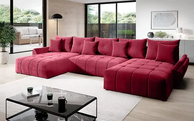 Produktbild von Vigo Velvet Monolith Ecksofa in U-Form 382 cm x 190 cm - Schlafsofa mit Bettkasten - Couch mit Stauraum und Kissen - Sofa mit Schlaffunktion - Ausziehbares Schlafsofa - Farbe: Rot (M-59)