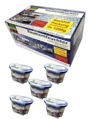 Produktbild von 5x Raumentfeuchter Luftentfeuchter 230g Granulat + Nachfüllpack 2x 1200g Set Box Granulat Luftentfeuchter Keller Auto KFZ