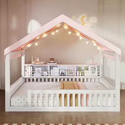 Zdjęcie produktu dla Łóżko dziecięce Flex, 140x200 cm, z daszkiem, łóżko-domek z baldachimem i półką na książki, łóżko na podłodze, podwójne łóżko, łóżko do zabawy z barierką ochronną, bez stelaża, białe